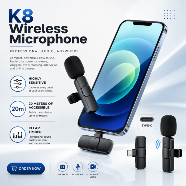 K8 Wireless Microphone – Wireless Lavalier Mic for Mobile, Vlogging & Live Streaming